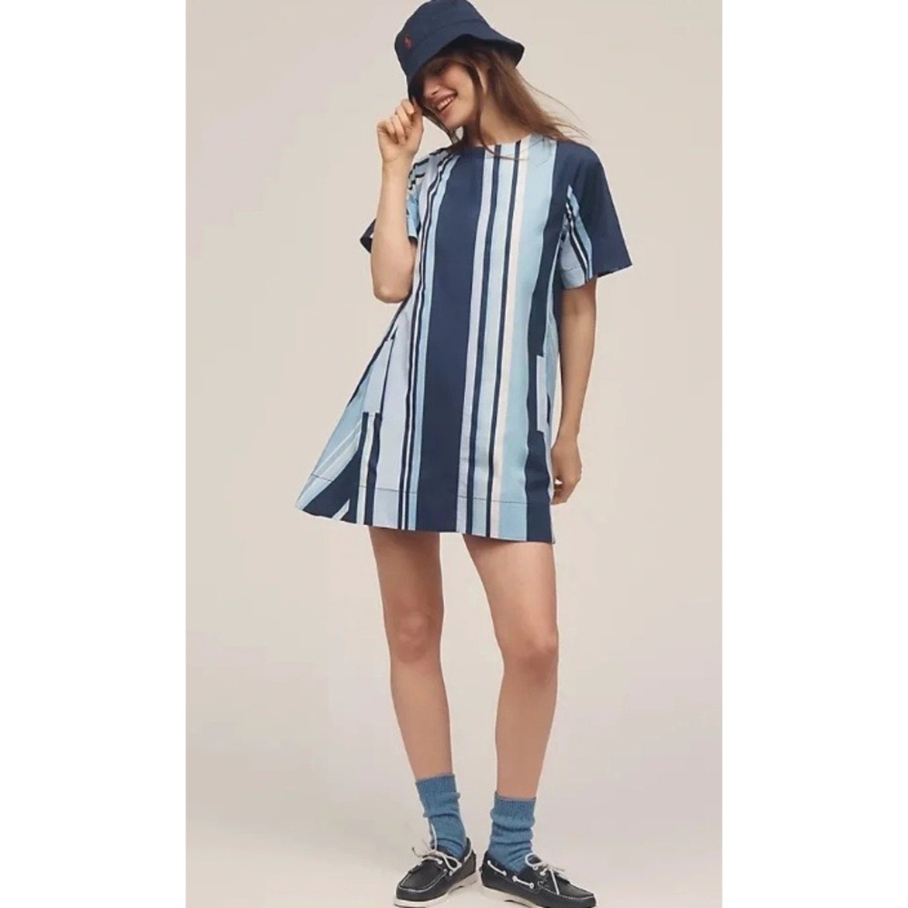 The Emmy Short-Sleeve Striped Swing Mini Dress by Maeve